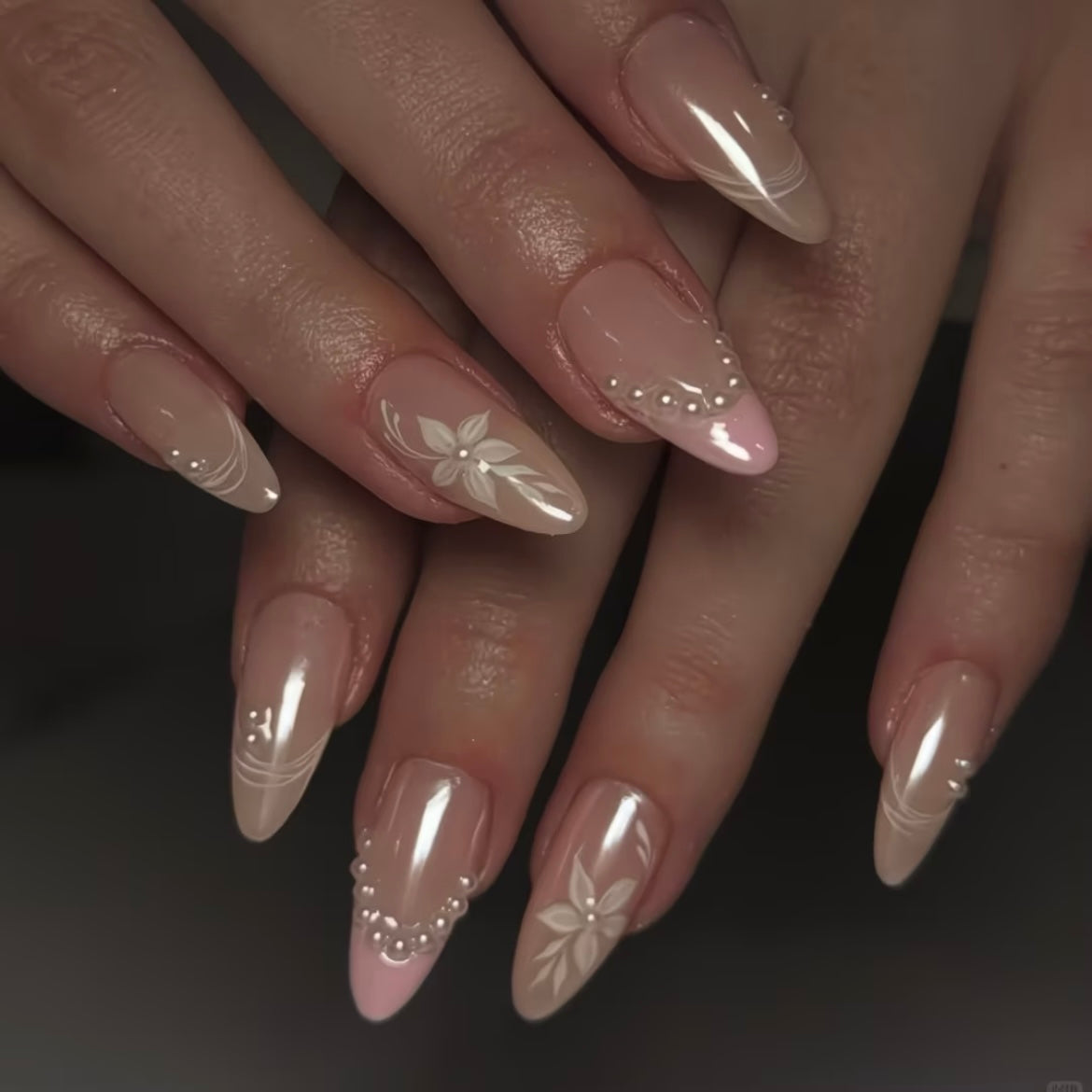 Pearl Petal Press On Nails | Soft Pink Nude Floral Almond Nails