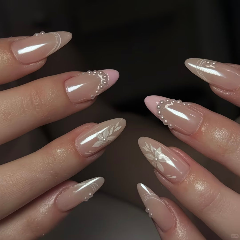 Pearl Petal Press On Nails | Soft Pink Nude Floral Almond Nails