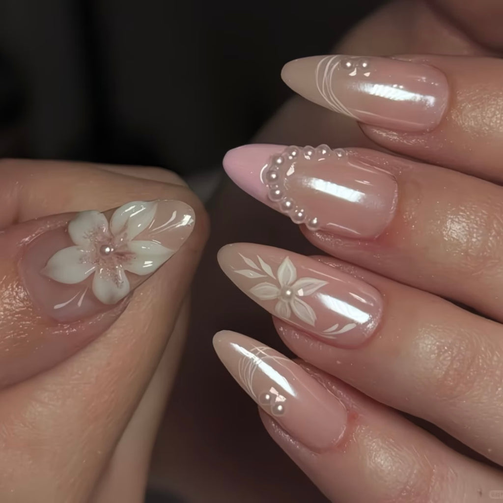 Pearl Petal Press On Nails | Soft Pink Nude Floral Almond Nails